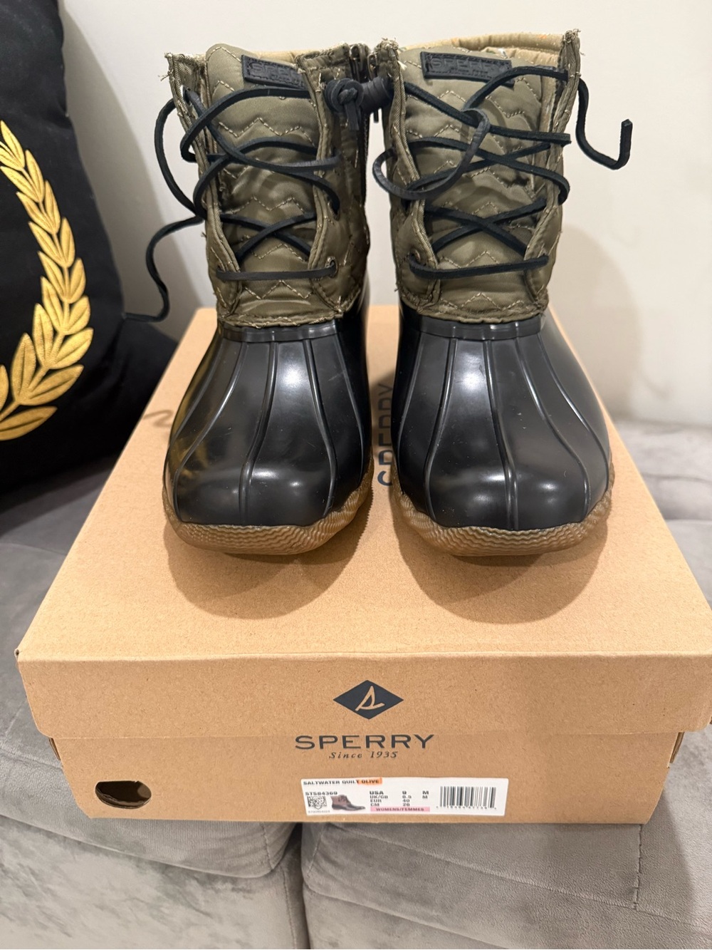 Sperry Olive Green Quilted & Black Rubber Duck Boots